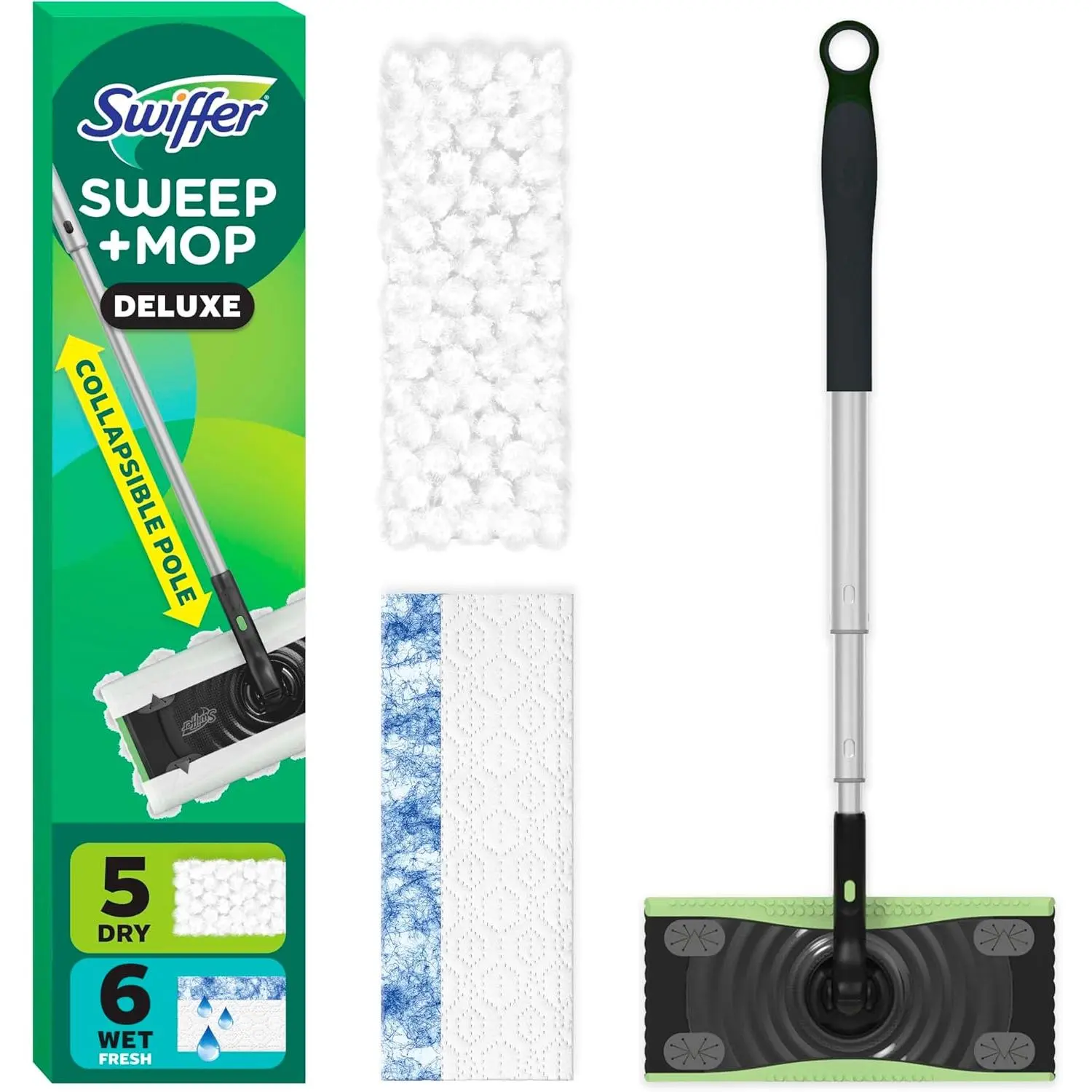 Deluxe 2-in-1 Multi-Surface Dry/Wet Mop Tool Kit for Floor Cleaning, Includes 1 Collapsible Compact Sweeper, 5 Heavy Duty Dry Sweeping Cloths, 6 Heavy Duty Wet Mopping Cloths, Hair Magnet, Easy for Daily Use & Storage
