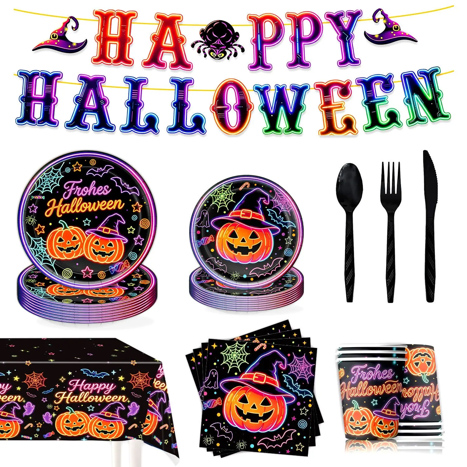 66pcs Halloween Party Decor Tableware Set, Pumpkin Neon Festival Gathering Atmosphere Props, Hot Selling Halloween Accessories