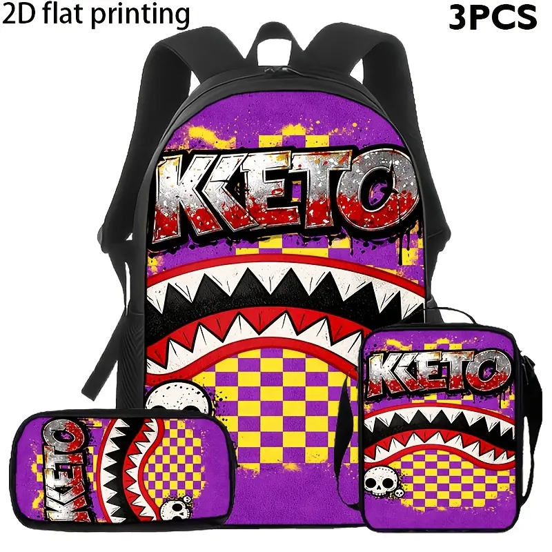 KETO 3-Piece Backpack Set for Young Students - Large-Capacity Backpack, Lunch Bag, Pencil Case, Purple Bottom with Yellow-Purple Plaid & Shark Mouth Pattern, Street Trend Back-to-School Luggage