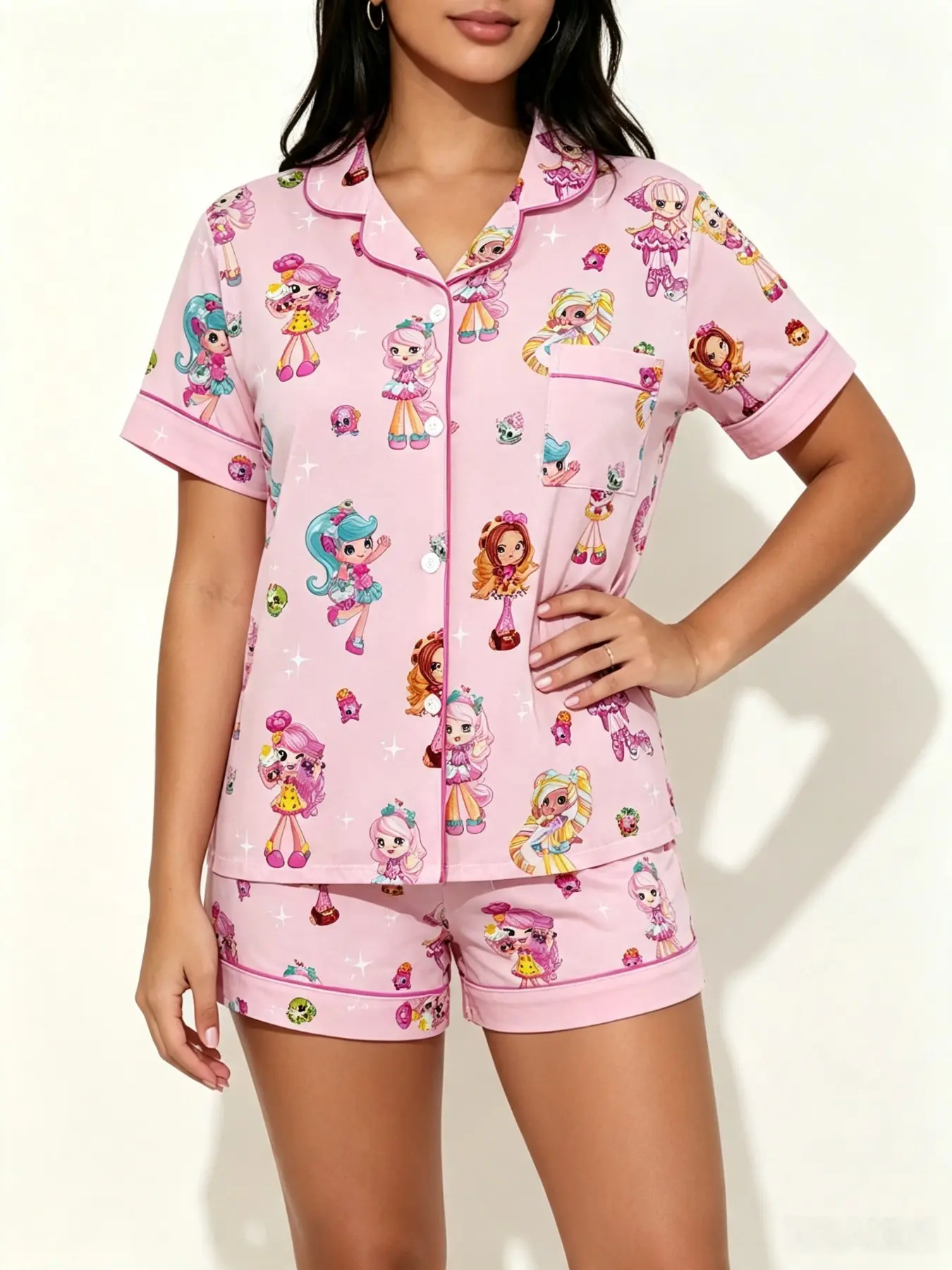 Teen Cute Doll Girl Print Short Sleeve Pajama Set, Soft Comfortable Home Wear, Lightweight Breathable Summer Sleepwear, Fun Cartoon Design