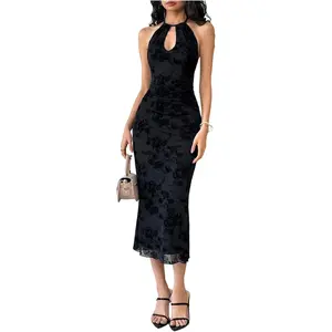 GORGLITTER Women's Mesh Halter Bodycon Midi Dress Sheer Cut Out Dresses Gothic Party Cocktail Prom Going Out Outfits