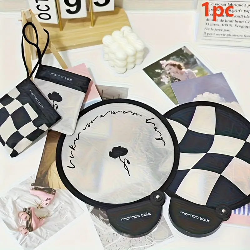 Portable Foldable Handheld Fan, Rose and Checkered Pattern, Vintage Manual Fan with Storage Bag, Lightweight Summer Travel Outdoor Use, Mini Fan