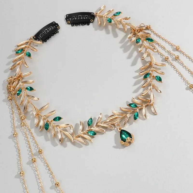 Indian Boho Bridal Headdress Fashion Golded Alloy Leaf Green Crystal Long Chain Tassel Head Chain Women's Forehead Jewelry