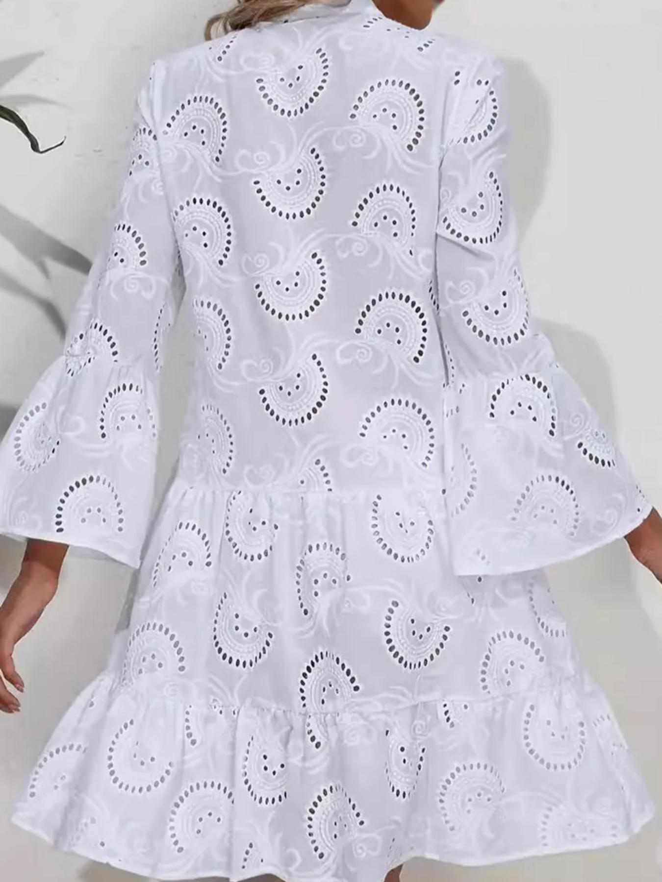 Women's Plain Eyelet Embroidery Notched Neck Long Sleeve Smock Dress, Elegant Flounce Sleeve Button Dress for Vacation Holiday, Women's Clothes for All Seasons, Casual Wear
