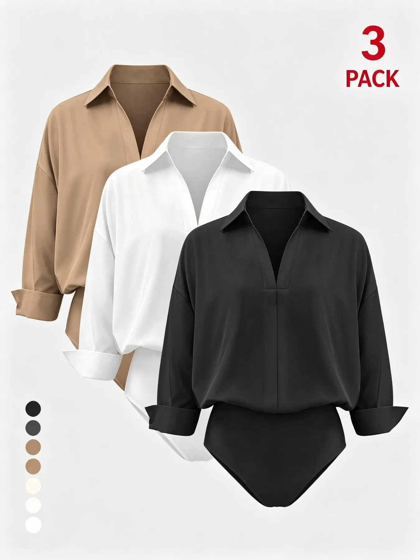 2026 3 Pack Spring Old Money Collared V Neck Long Sleeve Bodysuit Blouses, Slim Waist Figure Flattering Work Shirts, Office Casual Women Tops