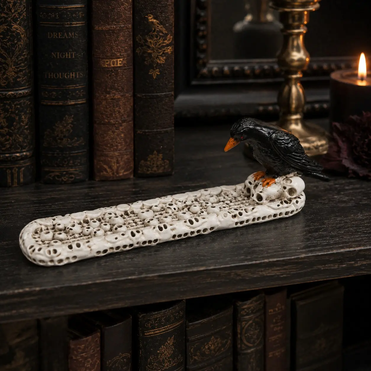 Gothic Raven Skull Resin Incense Holder, Vintage Texture, 24.5cm, Ash Tray Included, Halloween Decor, Gothic Home Decor, Desk Ornament