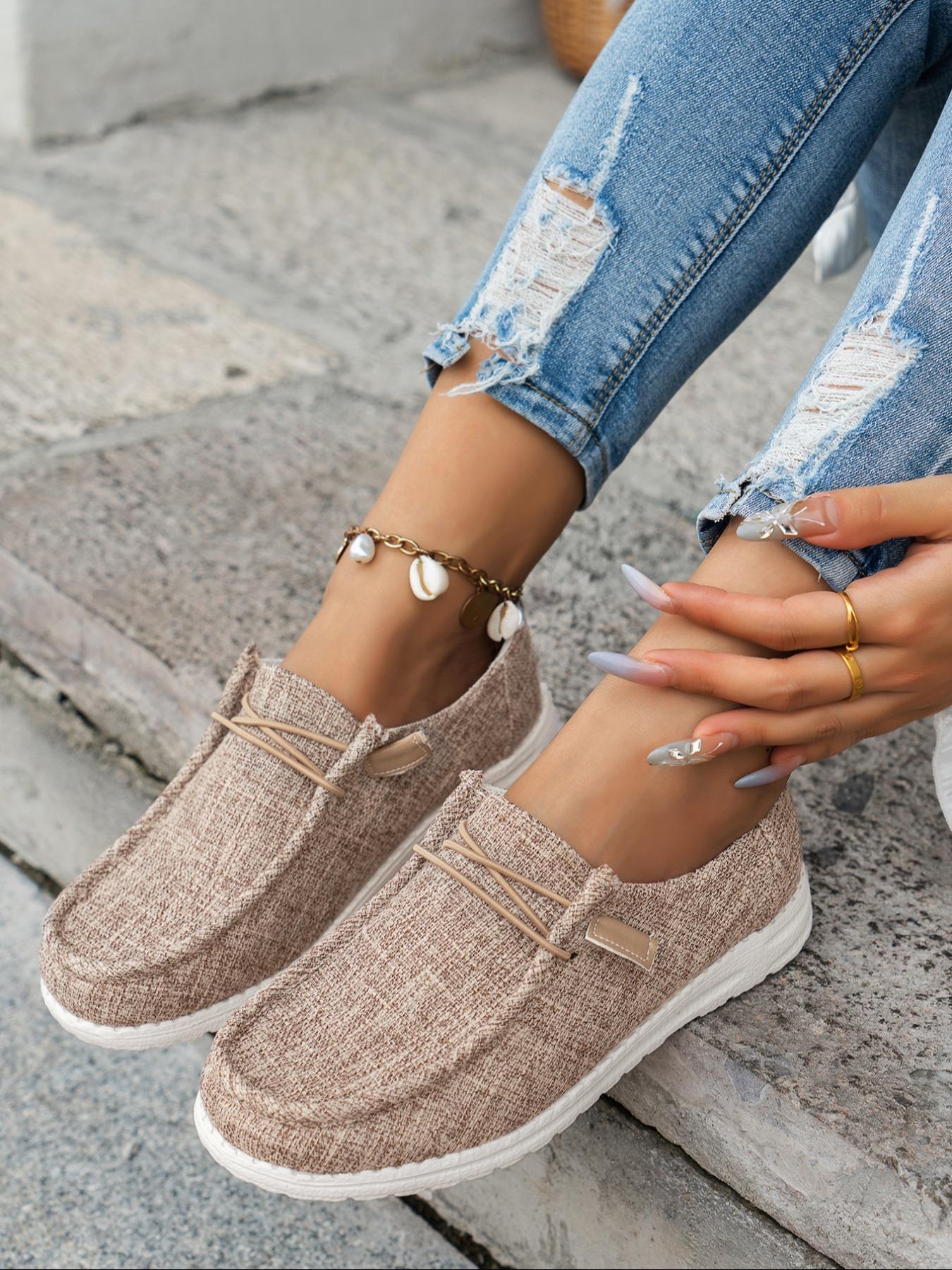 Women's Fashionable Plain Color Round Toe Lightweight Slip Ons Style Sneakers, Lightweight Breathable Comfortable Lace-up Flats Shoes, Casual Comfortable Sports Walking Shoes, Casual Breathable Footwear