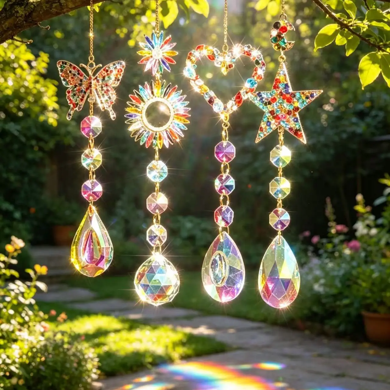 4pcs Handmade Crystal Sun Catchers, Butterfly Heart Garden Car Designs, Colorful Faceted Beads, Perfect for Valentine’s Day Outdoor Decor