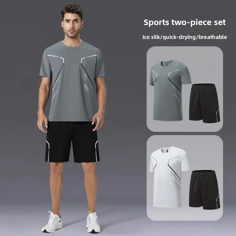 Male 2-Piece Wind-Resistant Matching Activewear Set, Sport Ready Sports Suit with Short-Sleeve T-Shirt & Shorts for Summer Running, Badminton Training, Gym Wear