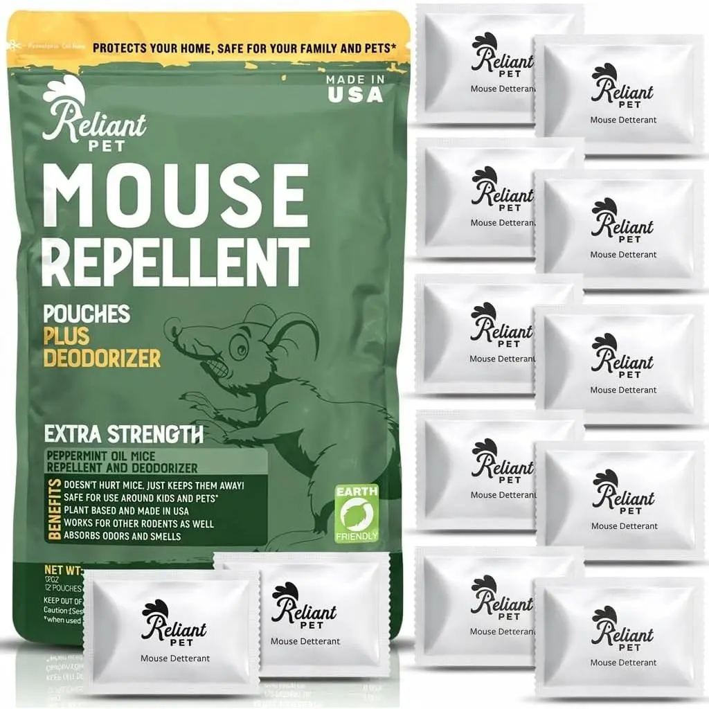 Pet Mouse Repellent Pouches - Rodent Repellent Made in USA (12 Pouches) - Keep Rodents Out of Cars Engines - Mice Repellent Indoor and Outdoor - Mouse Deterrents that Work with Peppermint Oil