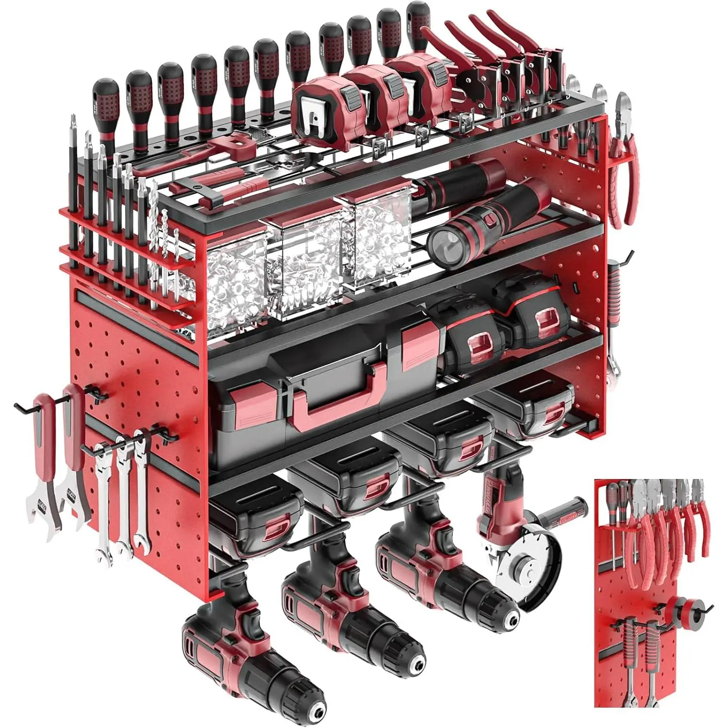 Power Tool Organizer Wall Mount, Cordless Drill Hanger Storage Rack 8 Drill Holder, 4 Layer Heavy Metal Large Capacity Tool Rack for Garage Organization (Red, 4 Drills Holder)