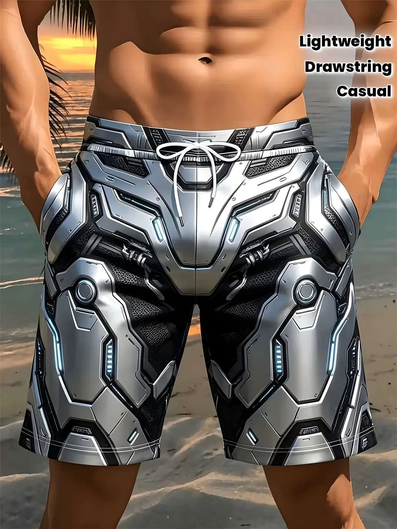 Men's Silver Mech Armor 3D Print Drawstring Beach Shorts, Loose Fit Quick-Dry Summer Surf Swim Trunks, Trendy Mechanical Style