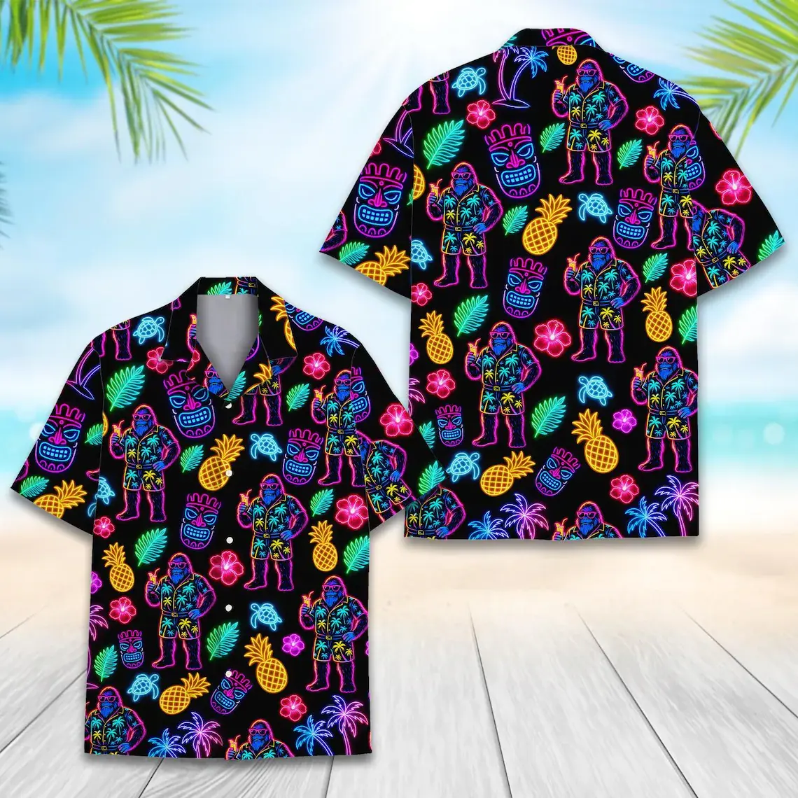 Bigfoot and Tiki Hawaiian shirts, suitable for both men and women. Funny ogre pattern summer beach button-up shirts, Tiki tropical style shirts, perfect for party wear.
