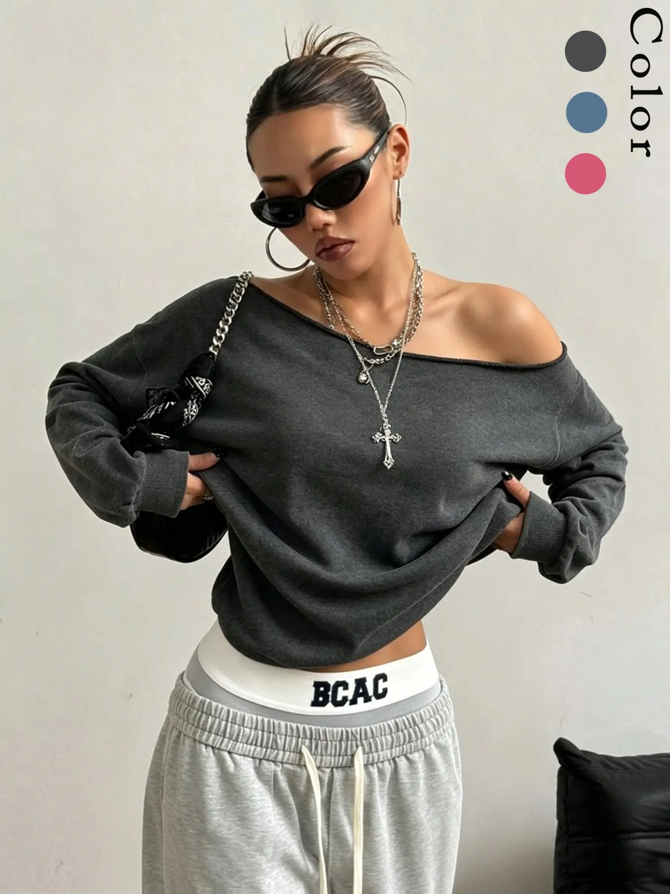 Women's Vintage Washed Sporty Asymmetrical‑Shoulder Athletic Sweatshirt, Casual Loose Long-Sleeve Top, Perfect for Daily Commute, Leisure and Fitness