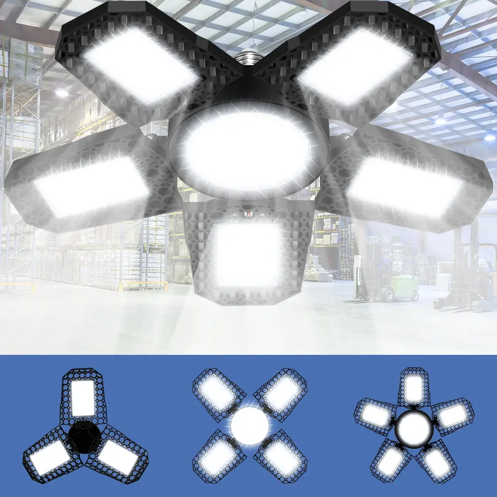 E26/E27 Bright LED Deformable UFO Garage Light Bulb, Ufo Led High Bay Light, 100-277V Foldable 3/4/5 Adjustable Blades Ceiling Spotlight, No Flicker Safety Industrial Commercial Lighting for Shed Warehouse Workshop Basement Factory