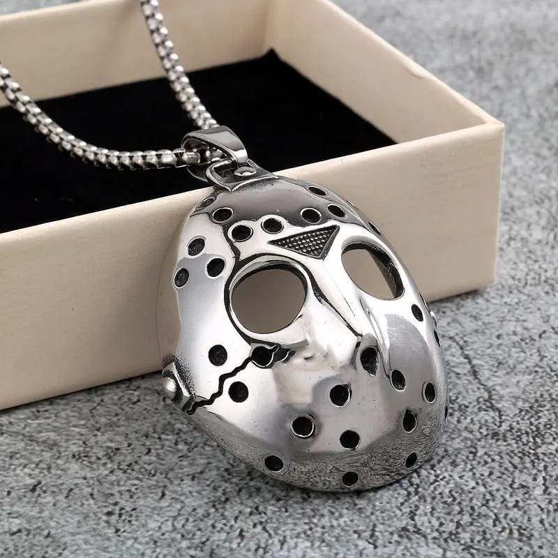 Vintage Stainless Steel Jason Mask Pendant Necklace with Steel Chain, Retro Look Chain Jewelry Necklaces for Men, Friday the 13th Hip Hop Punk Street Party Wear Gift