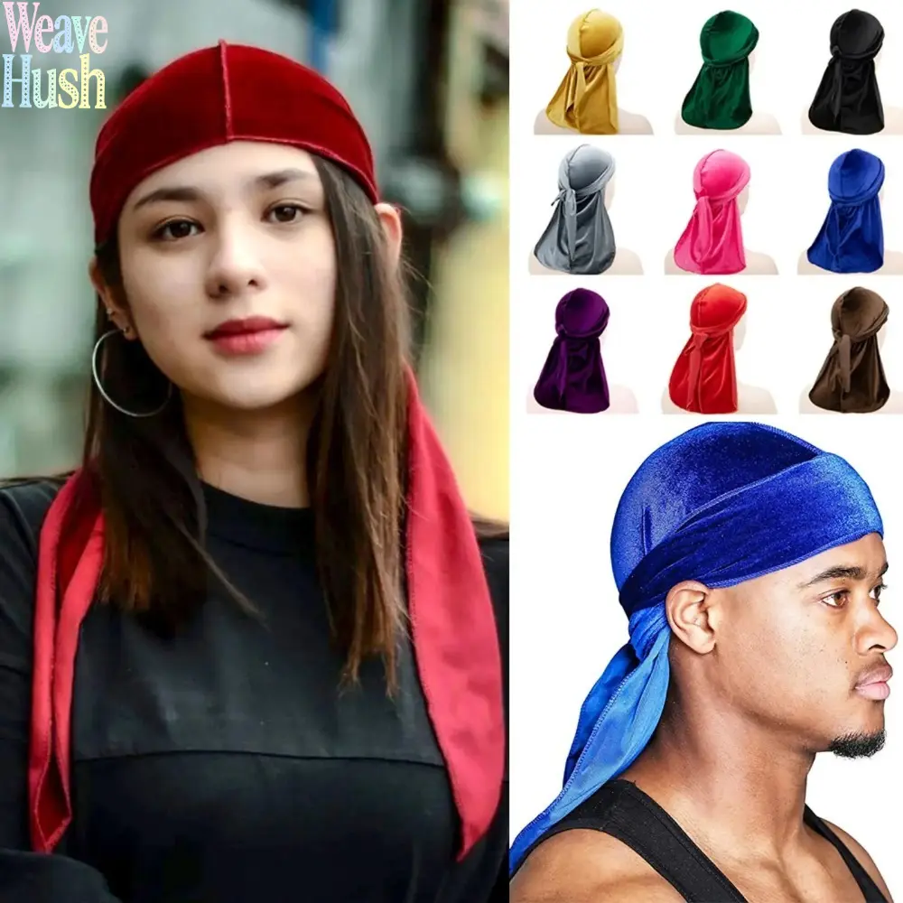 Men’s Premium Velvet Durag, Silky Satin Lining Extra Long Tail Compression Cap, Wide Adjustable Straps 360 Wave Lock Headwear, Unisex Streetwear Accessory For Hip Hop, Sports And Outdoor Biking