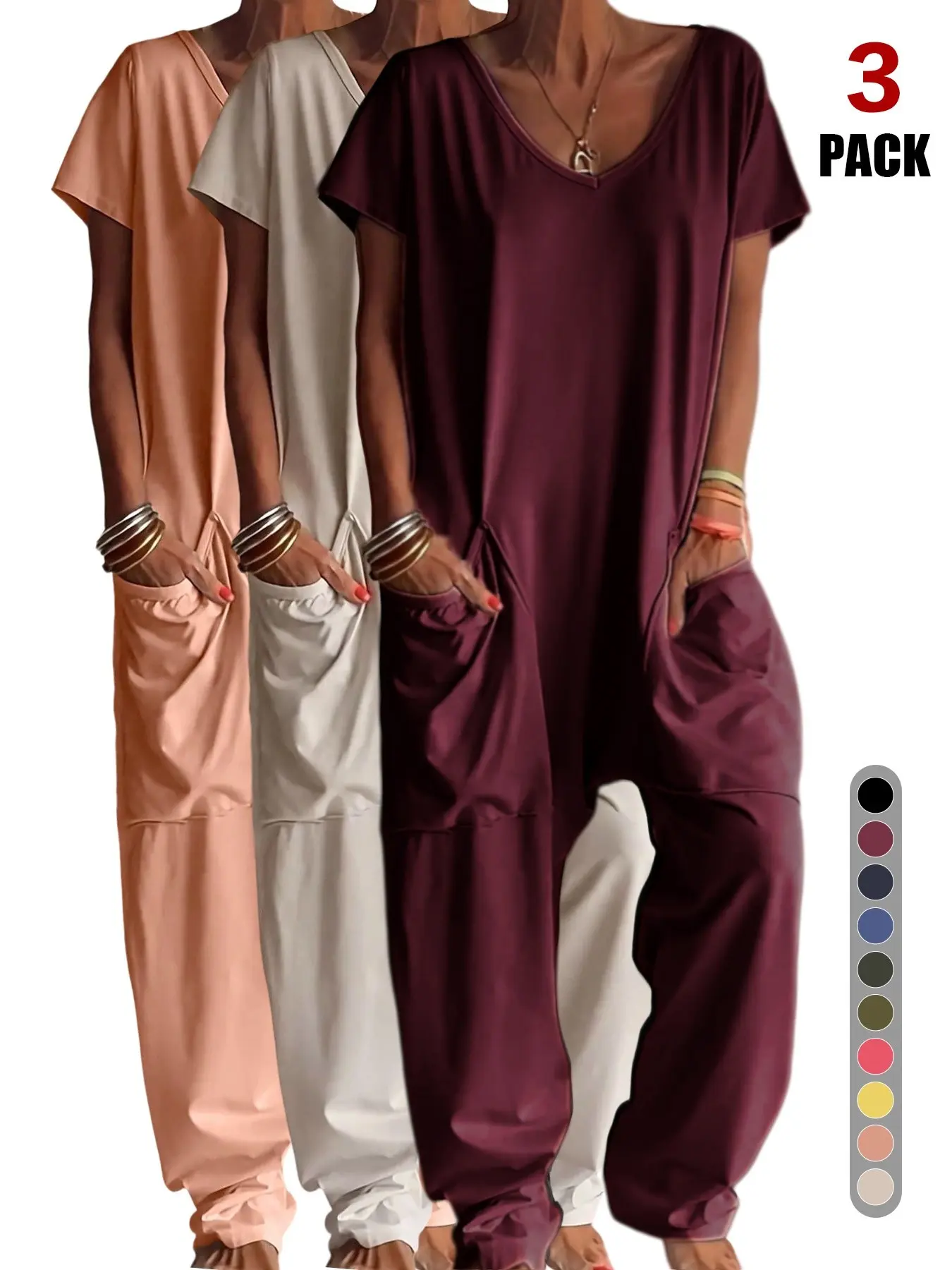Women's Solid Color V-Neck Loose Oversized Pocket Low Waist Lounge Travel Jumpsuit, Casual Home Wear, Comfortable One-Piece Pants, Perfect for Daily Use