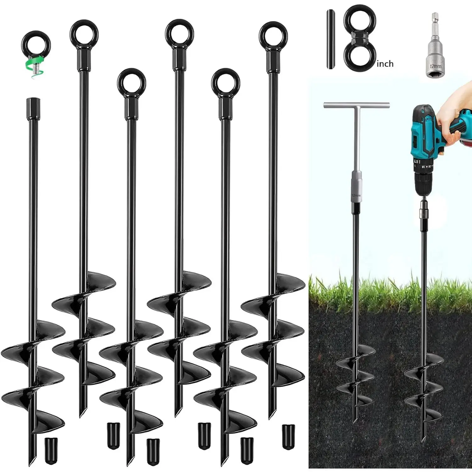 Ground Anchors Screw in, 18 Inch Heavy Duty Swing Set Ground Anchor Kit 6 Pack, Spiral Earth Trampoline Stakes High Wind Metal Auger Stakes for Dog Sheds Tent Carports Camping