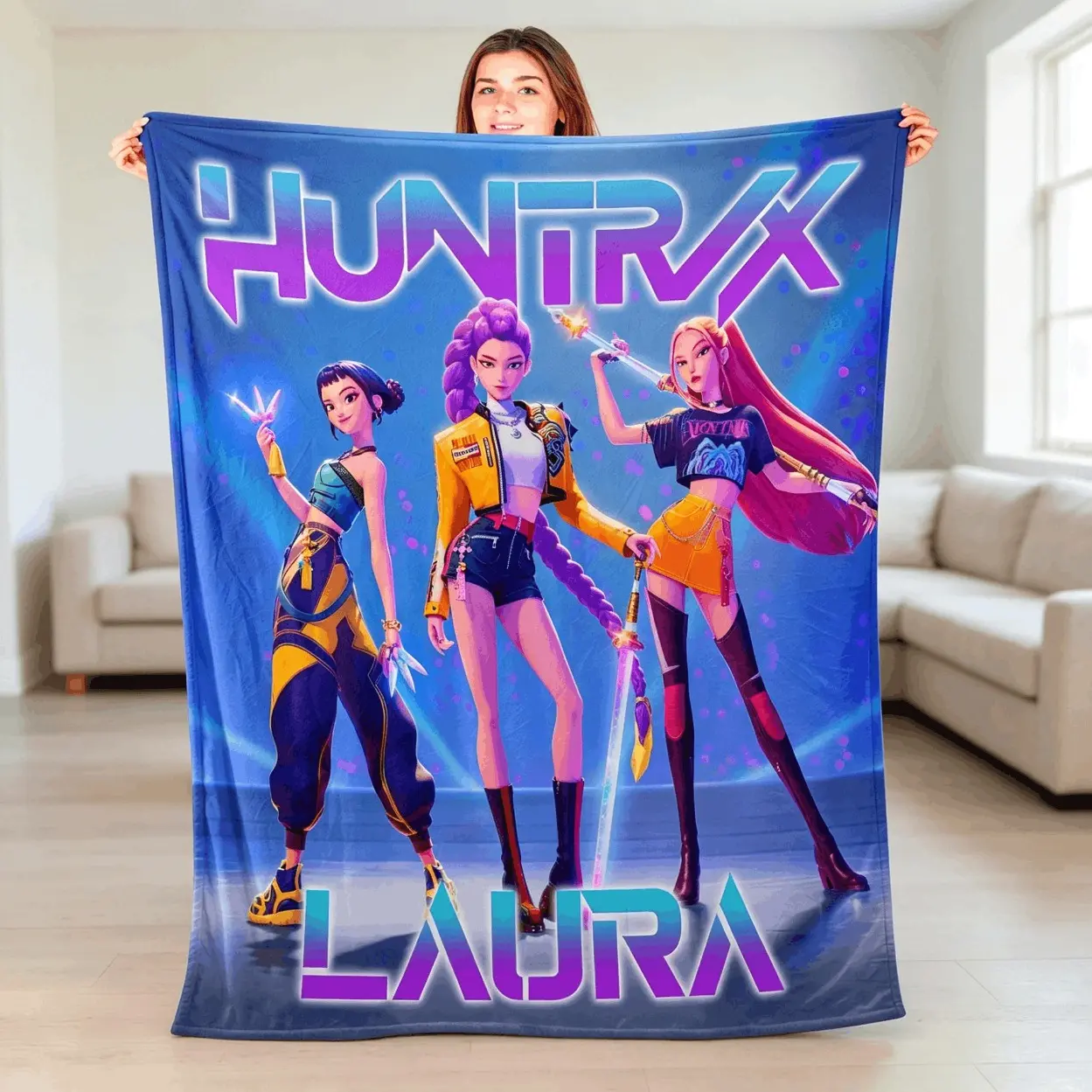 Electric Yellow HUNTRX Character Fleece Throw | Customized Laura Fan Blanket Decor