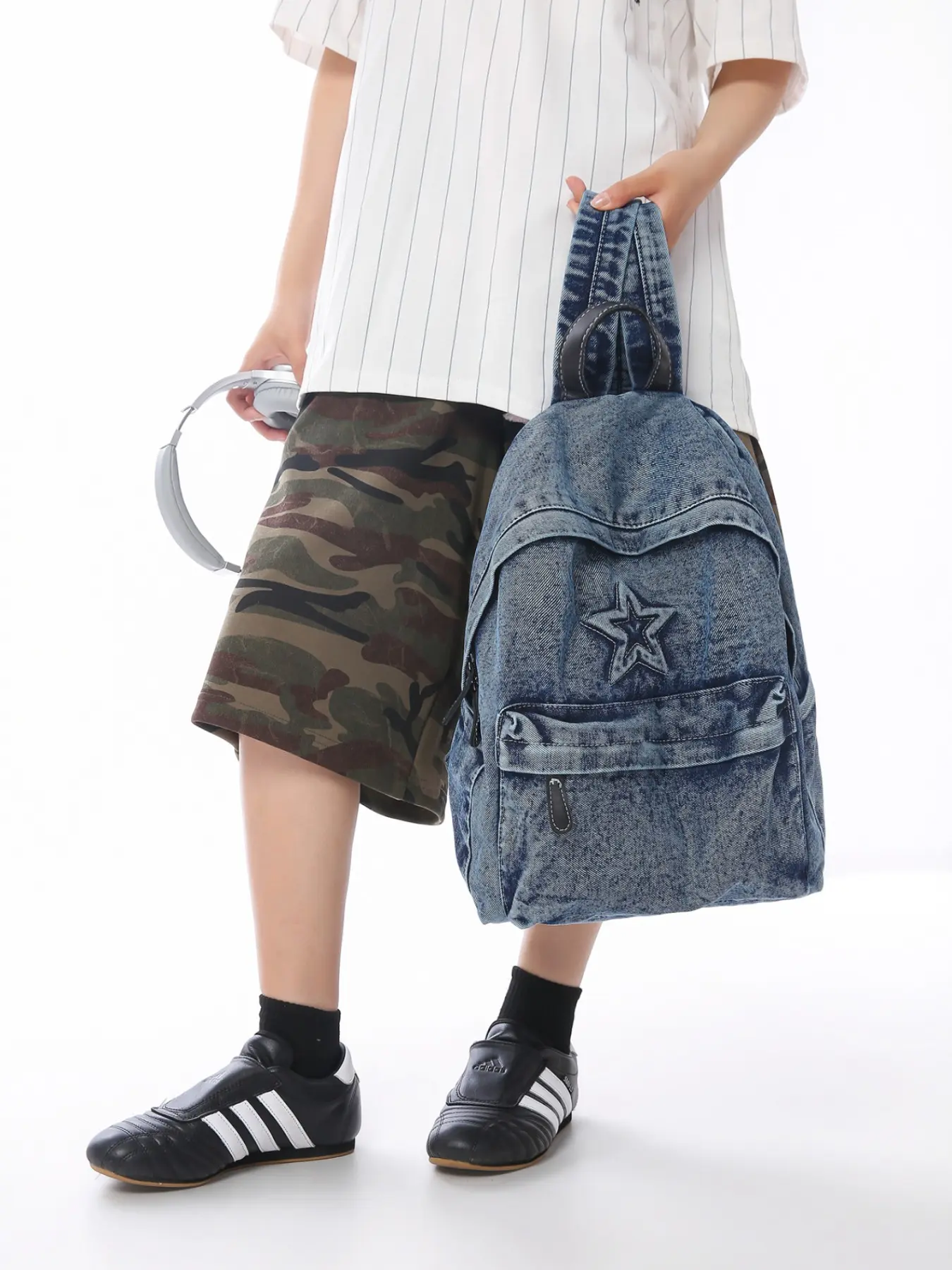 2026 Washed Vintage Denim Backpack, Star Embossed Casual Bookbag, Multi-Compartment Front Pocket, Lightweight Student Backpack, Multifunctional Backpack