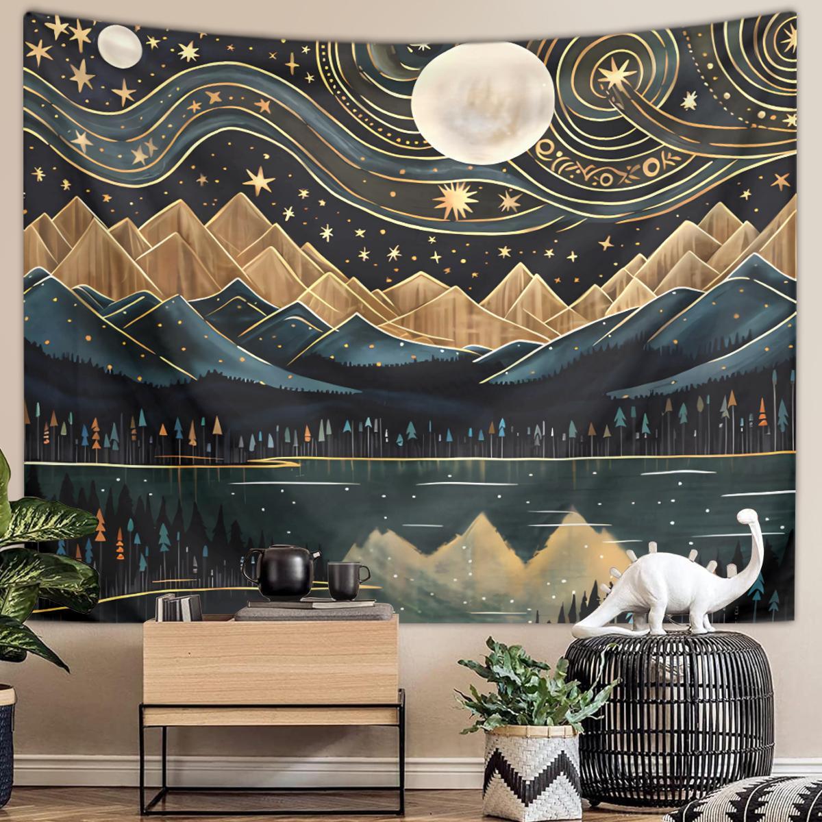 Bohemian Style Mountain & Moon & River & Starry Sky Pattern Tapestry, Creative Wall Hanging Blanket, Wall Art for Home Living Room Bedroom, Vintage Room Decor, Wall Tapestries