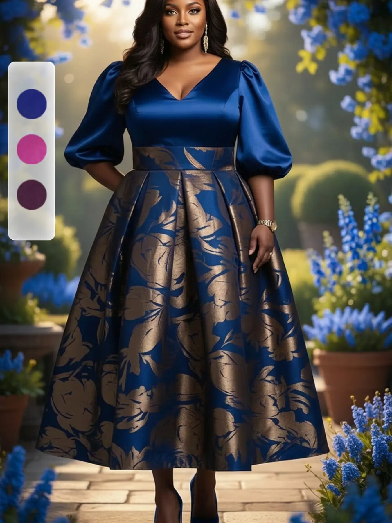 Plus Size Women's Spring Summer Bubble Sleeve Waist-Cropped Dress, Floral A-Line Skirt, Elegant Formal Wear for Parties and Weddings