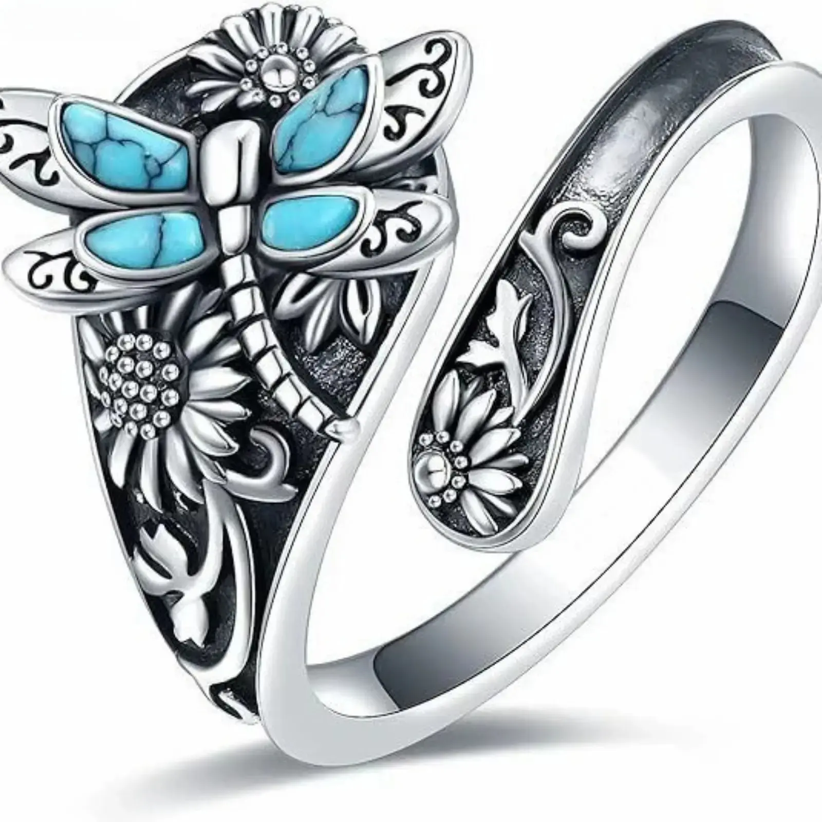 Women's Classic Opening Adjustable Wrap Open Ring - Turquoise Sunflower Design, Retro Boho Sports & Outdoor Accessory, Unisex Daily Finger Jewelry