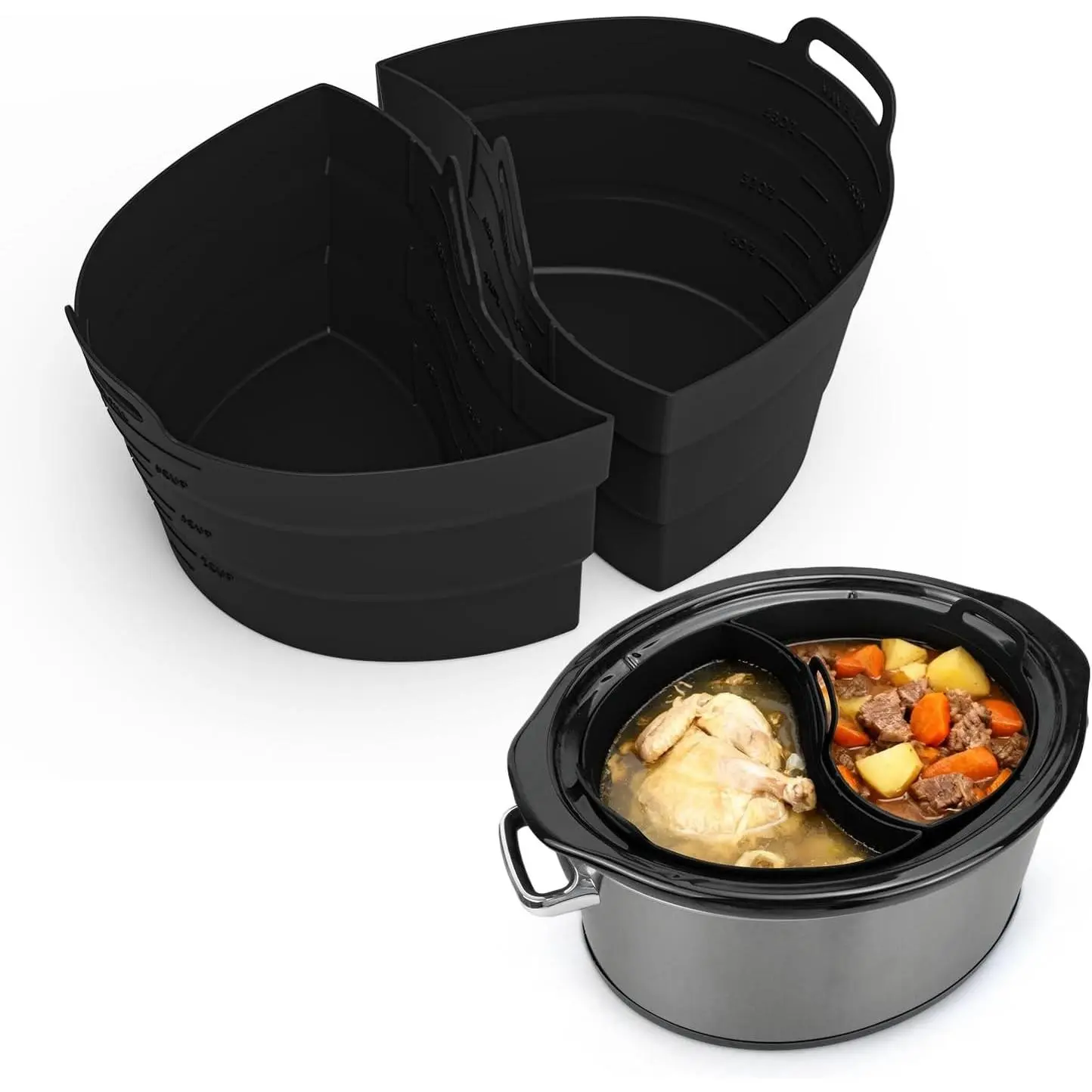 Silicone Crock Pot Divider Liners for 6-8 Quart Slow Cooker, Black | Food Grade Silicone, Slow Cooker Liners w/ Handle fits 7 Quart Oval or Round, Cook Two Meals At Once, Dishwasher Safe