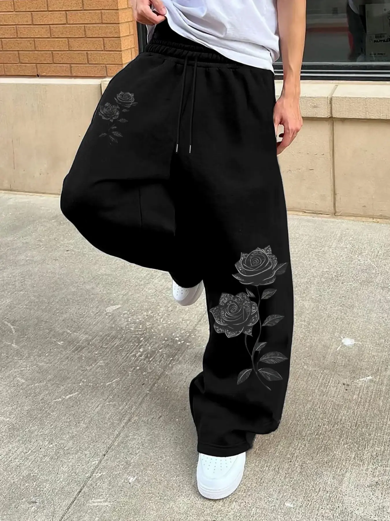 Men's Rose Print Drawstring Waist Sports Pants, Casual Comfortable Jogging Pants, Classic Versatile Fashion Men's Pants, Floral Print Bottom