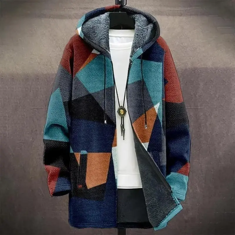 Men's Mid-length Trench Coat Vintage Street Style Warm Coat Digital Printed Hat Cardigan