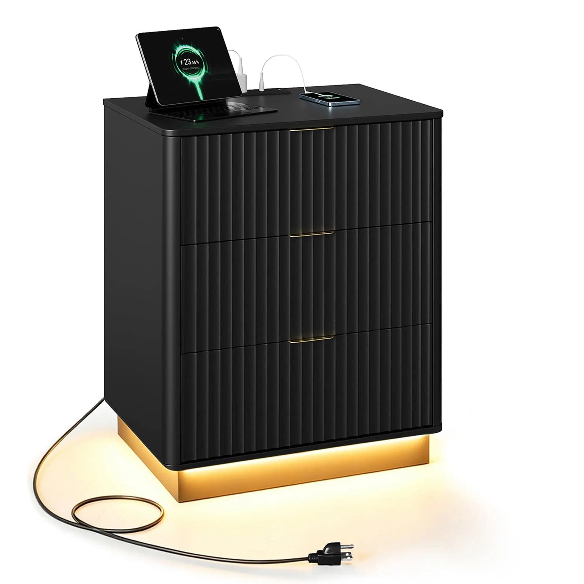Modern 3 Drawer Fluted Nightstand with USB Charging Station and LED Light Round Edge Bedside Table for Bedroom and Living Room Furniture
