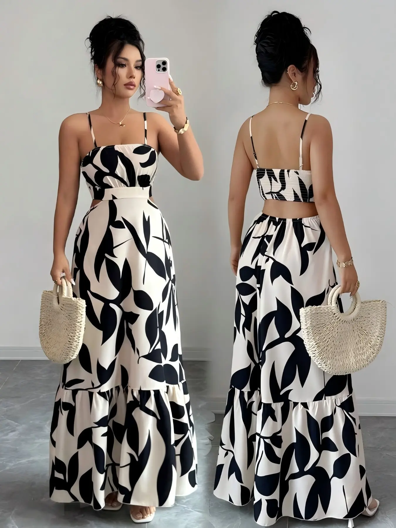 Women's Elegant Chic Floral Print Waist-Cropped Sleeveless Flowy Spaghetti Strap Midi Dress, All over Print, Plain Surface, Unlined, 88.2g/m² Weight, Perfect for Daily Wear, Summer