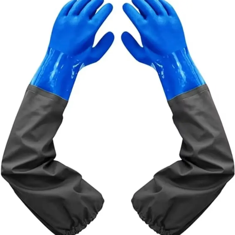 Blue Anti-Water Long Sleeve PVC Work Gloves, Industrial Cleaning Gloves, Agriculture Fishing Construction Gear