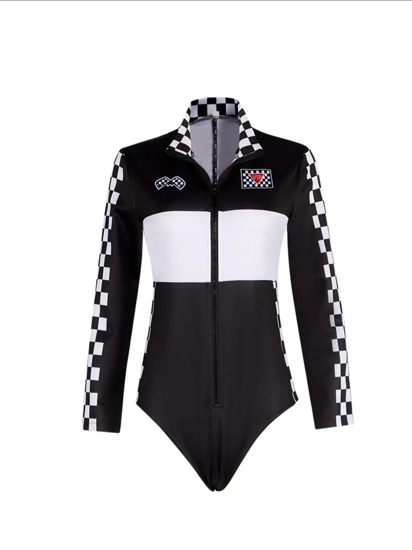 Women's Racing Role Play Costume Set, Fashionable Sexy Race Queen Uniform, Slim-Fitting One-Piece Geometric Training Suit, Halloween Carnival Clothing, Long Sleeve