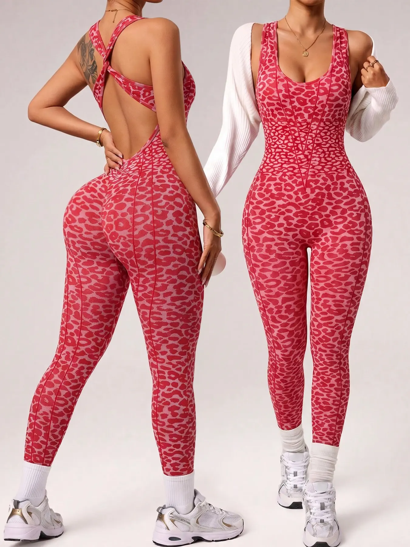Women's Seamless Leopard Print Tight Fitness Yoga Jumpsuit, Summer Sports High Waist Butt Lifter, Compression Wear with Padded Bra, Sporty Style, Sleeveless Workout Jumpsuit, Yoga Workout Jumpsuits