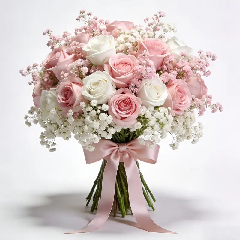 30Pcs Lifelike Artificial Flower Bouquet | 5 Pink Roses +5 White Roses +10 Pink Gypsophila +10 White Gypsophila, Weather Resistant Plastic Fake Flowers, DIY Floral Arrangement, Bridal Hand Bouquet, Valentine Party Event Home Art Decor, No Vase Required