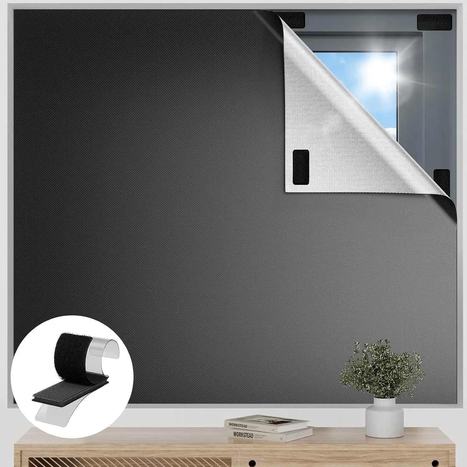 100% Blackout Curtains for Bedroom - 120"x57" Self Adhesive Custom Fit Heat Resistant PU Layers Portable Shades with 20 Loops & Hooks for Smooth Surfaces, Baby Nursery Travel RV