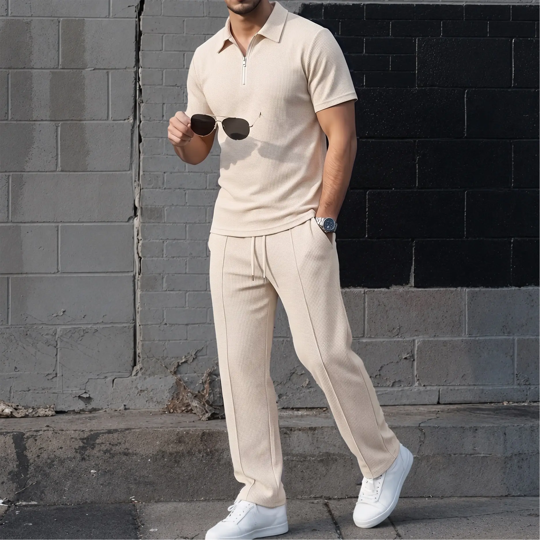 Men’s Waffle Knit Zip Collar Polo Shirt and Pants Set, Short Sleeve Textured Polo Top with Matching Drawstring Trousers, Casual Two Piece Outfit