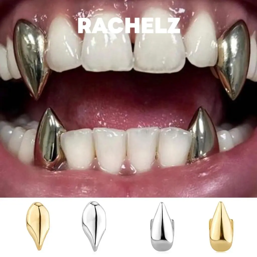 Single Fang Grillz, Glossy Hip Hop Punk Style Tooth Cap for Top or Bottom Teeth, Unisex Vampire Costume Accessories for Halloween Cosplay
