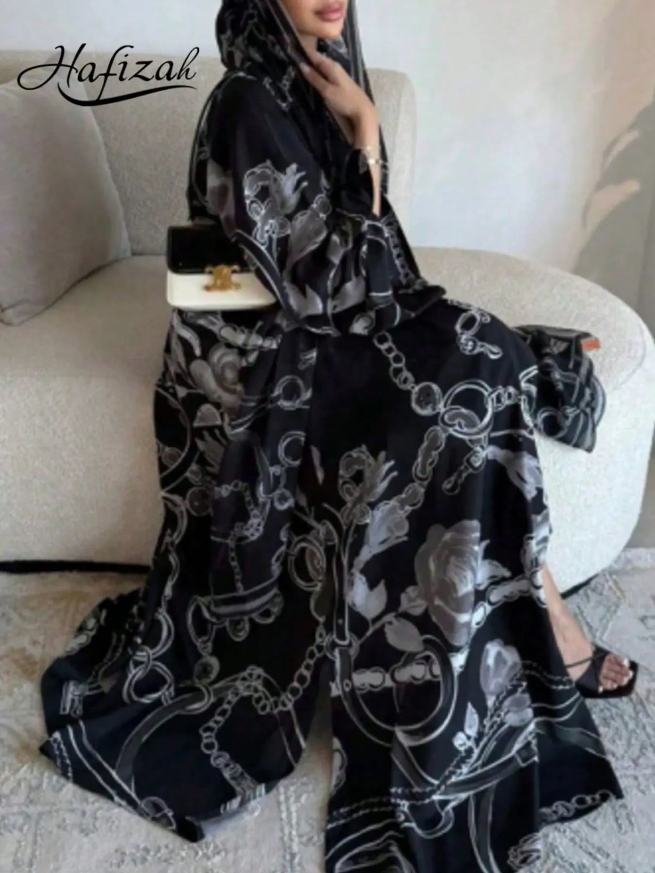 Chains Rose Print Long Cardigan and Rectangular Scarf Set, Loose-Fit Chiffon Material Outerwear for All Seasons, Women's Commuter Fashion, Printed Cardigan