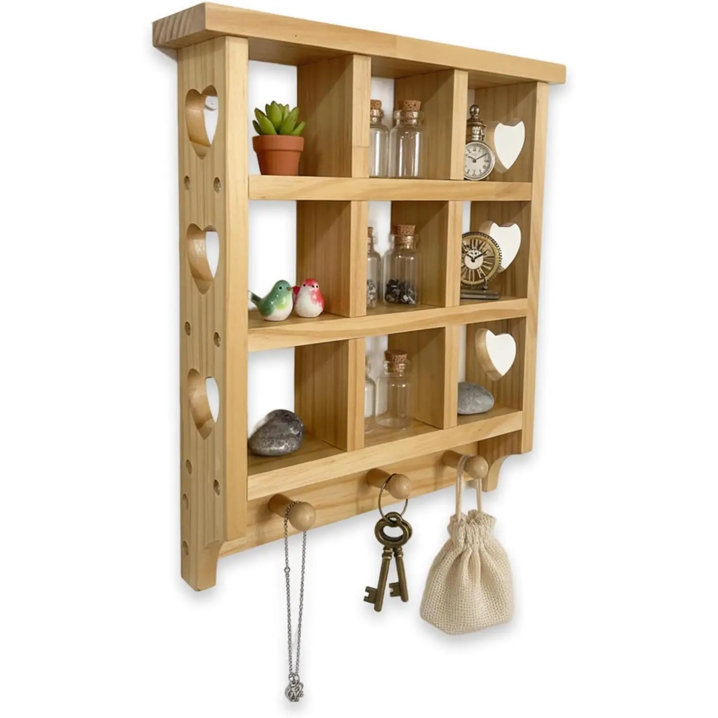 Wooden Heart Trinket Shelf for Wall, 14 x 12 inch Floating Shelf with Hearts and Pegs, 9 Openings Heart Wall Shelf for Indoor, Suitable for Displaying Interesting Gadgets