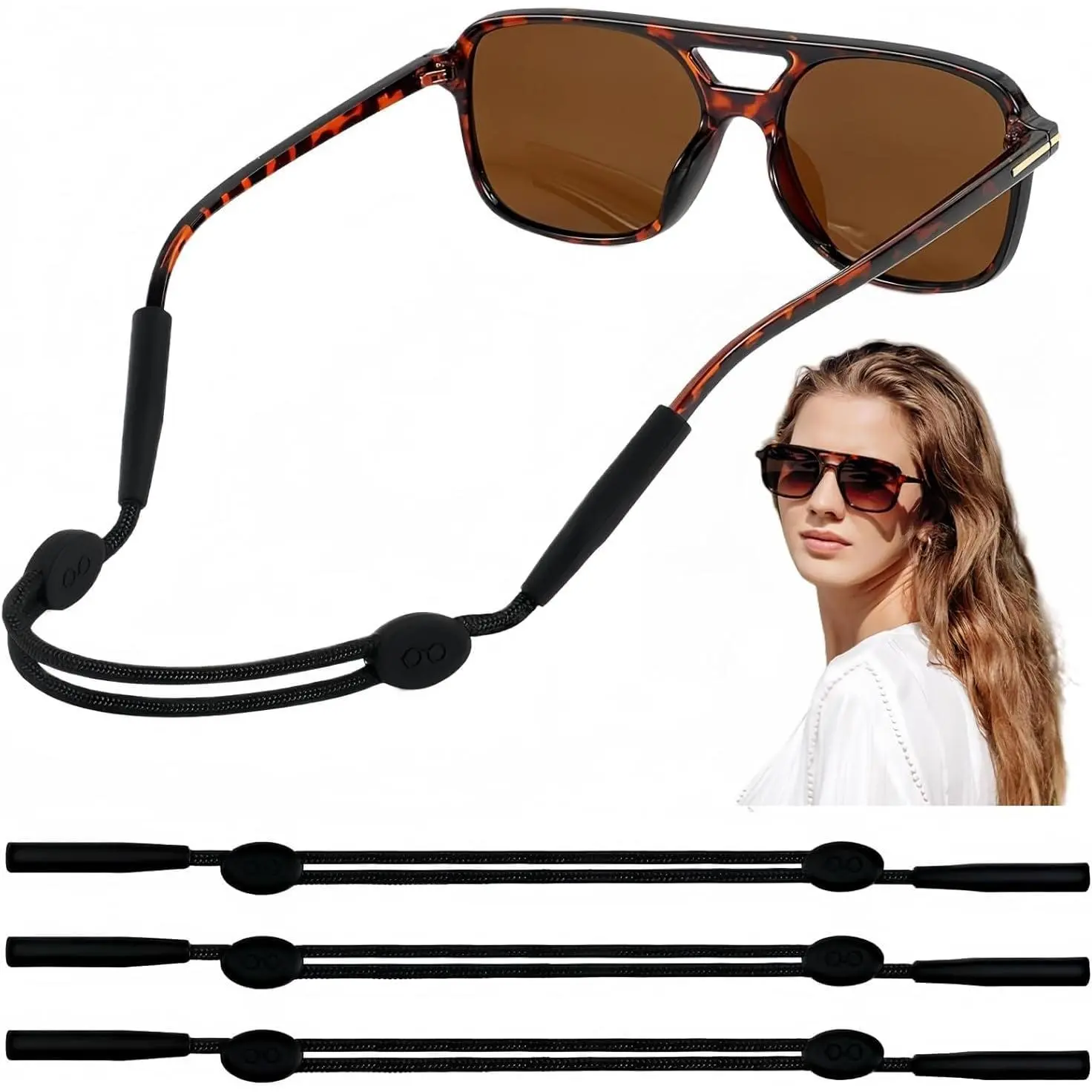 Glasses Strap, 3 count No Tail Adjustable Sunglasses Strap Holder for Women Men , Eyeglass Holders Around , Eyewear String Lanyard Retainer (Black, 8-14 in)