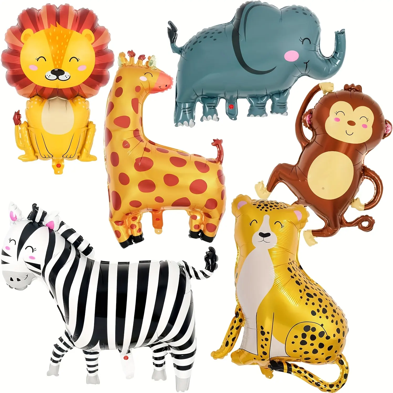 6-piece jungle adventure animal balloon birthday party decoration set, giant wild-themed balloons, including monkey, elephant, zebra, leopard, crocodile, and giraffe shapes