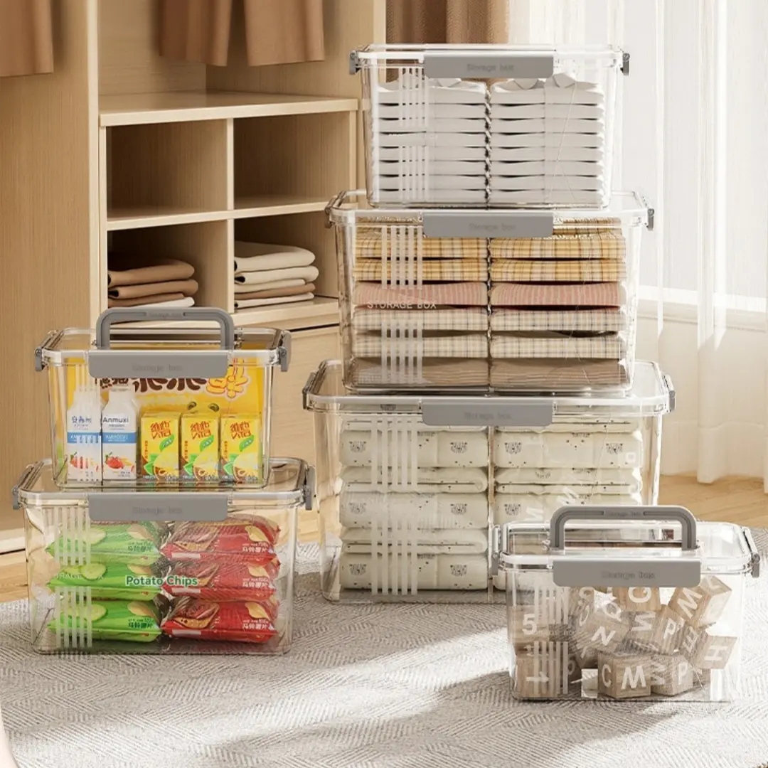 Transparent Desktop Organizer Box with Handle, Thickened Large Capacity Stackable Plastic Storage Bin, Multipurpose Home Container for Clothing, Toys, Snacks and Small Sundries, Home Organization Declutter, Clear Plastic Organizers