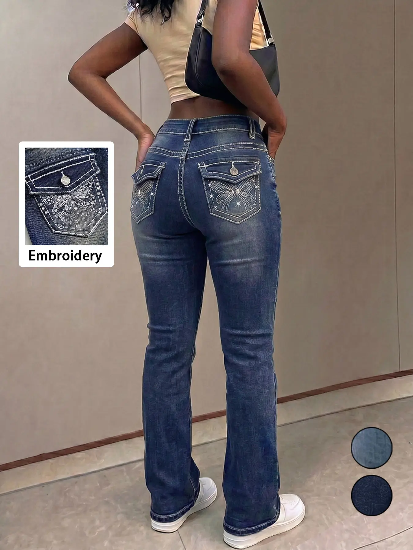 Women's Casual Daily Wear Butterfly Embroidery Rhinestone Slim Fit Stretch Bell Bottom Jeans, Trendy and Comfortable Flare Leg Denim Jeans Pants, Bell Bottoms Jeans