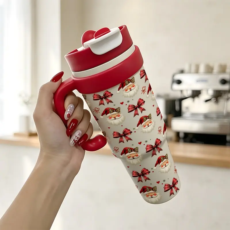 33oz Stainless Steel Insulated Tumbler with Handle, Santa and Bow Design, Straw Included, Ideal for Outdoor, Home, Travel, Christmas Gift
