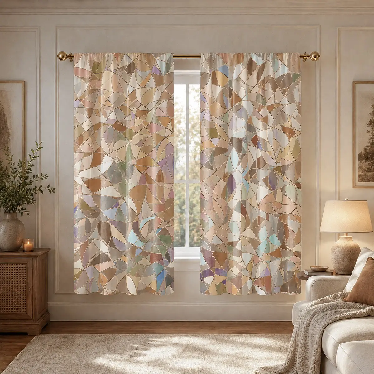 2-piece vintage earth-tone Tiffany stained glass curtains, Window Drapes, vintage style, semi-blackout floor-length curtains for living rooms, pocket rod installation, polyester material, suitable for living rooms, bedrooms