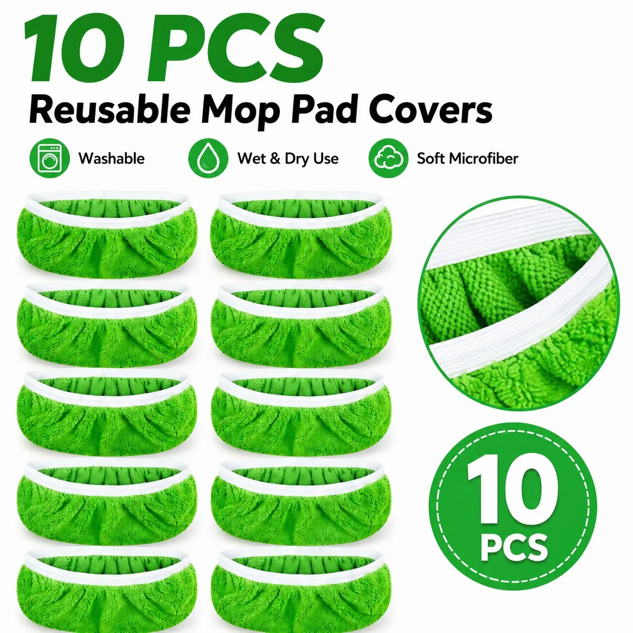 10-Pack Reusable Microfiber Mop Pad Covers, Microfiber Mop Refill, 10"×4.5" Elastic-Fit Replacement Pads, Microfiber Replacement Pads for Wet and Dry Cleaning, Hardwood, Tile and Laminate Floors, Green Reusable Pads for Home, Office Use