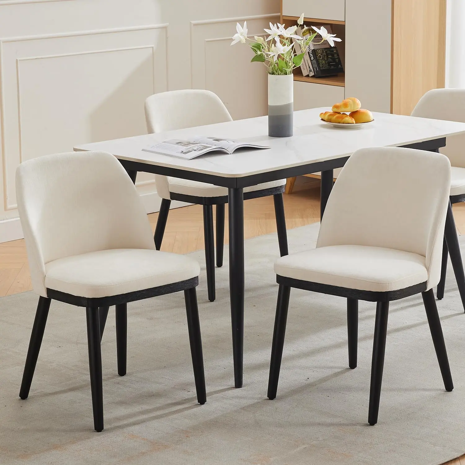 Garvee Modern Upholstered Side Chairs (Set of 2), Beige Linen Fabric Dining Chairs with High-Density Foam & Walnut Finish Legs, Elegant Accent Chairs for Kitchen, Bedroom, Office